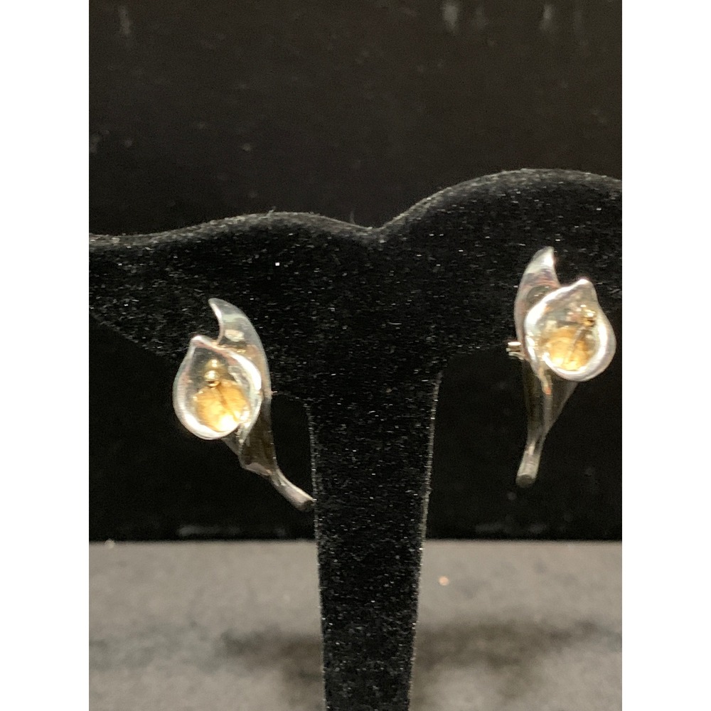 Charles Krypell Sterling Silver 14K Gold Calla Lily Omega Back Earrings Two Tone